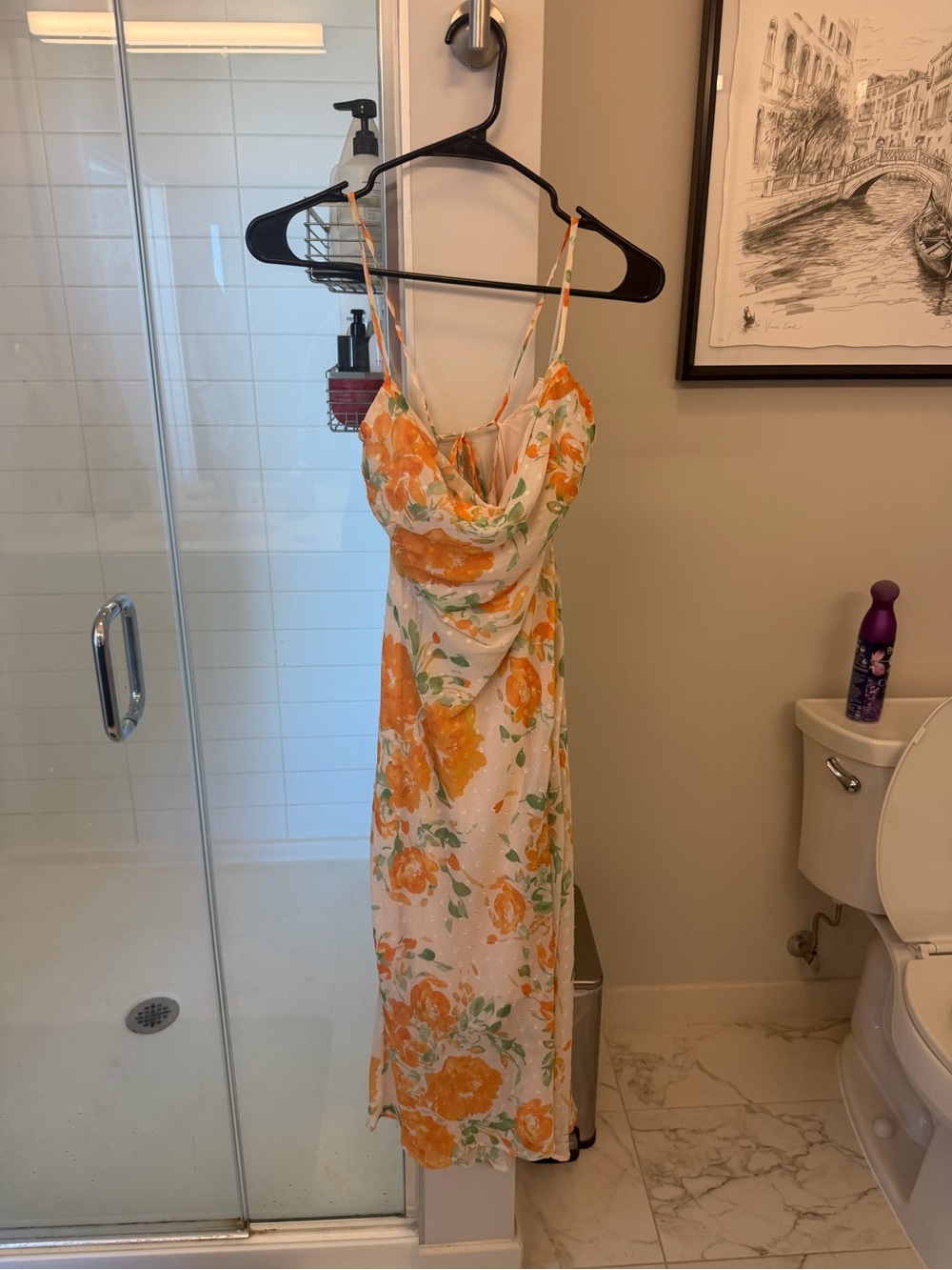 Floral Cowl Neck Slip Dress - White & Orange